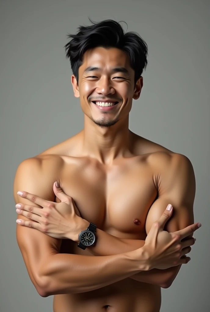 Create a 30 year old man. Chinese. Muscular. Not wearing any pants or underwear at all, his hands covering his penis. Has some chest hair. Handsome face, strong jawline, has a cheeky smile