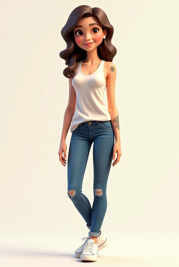 Cute 3d drawing of a fair skinned woman, slim, Average height, Shirts without sleeves, tattoo on shoulder, jeans, White sneakers.