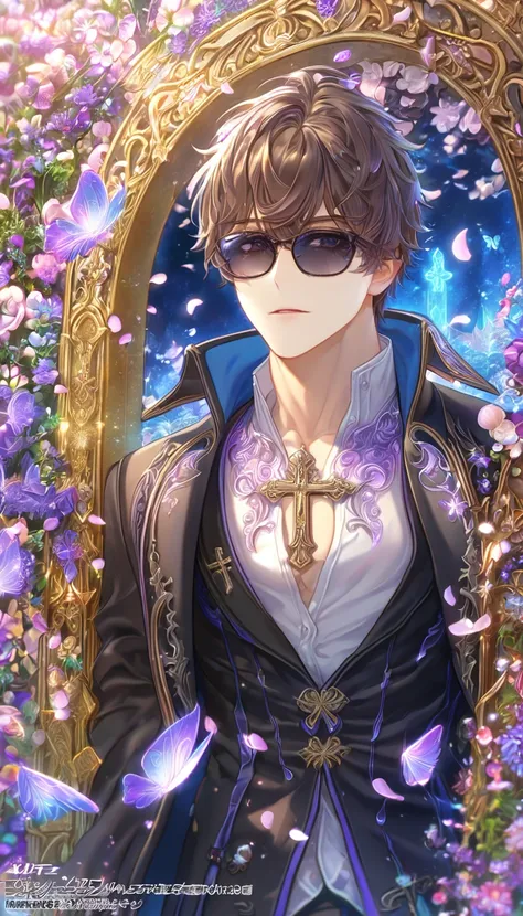 absurdres, highres, ultra detailed, HDR, master piece, best quality, extremely detailed, detailed face, Muroboshi Ron, dark brown hair, wearing black sunglasses, Norn9, solo, sexy man, handsome, sensual, adult face, black coat, white shirt, showing the che...