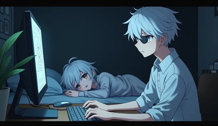 create a anime guy with white hair and grey eyes he has a tired look, he wears a white shirt and black pants, make him editing things on a computer. While a girl with white hair and a eyepatch sits in the background with pajamas on while she looks at her p...