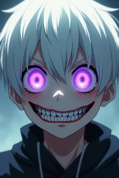 Boy with violet eyes and white hair and sharp teeth and giving a psychopath anime smile