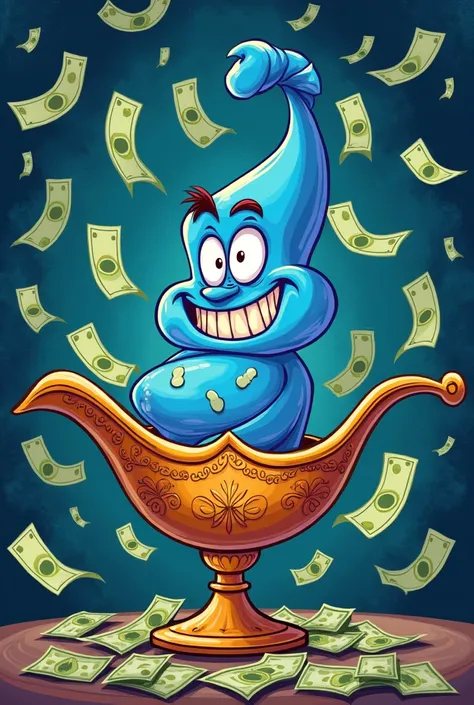 cartoonish drawing of a genie in a lamp full of dollars
