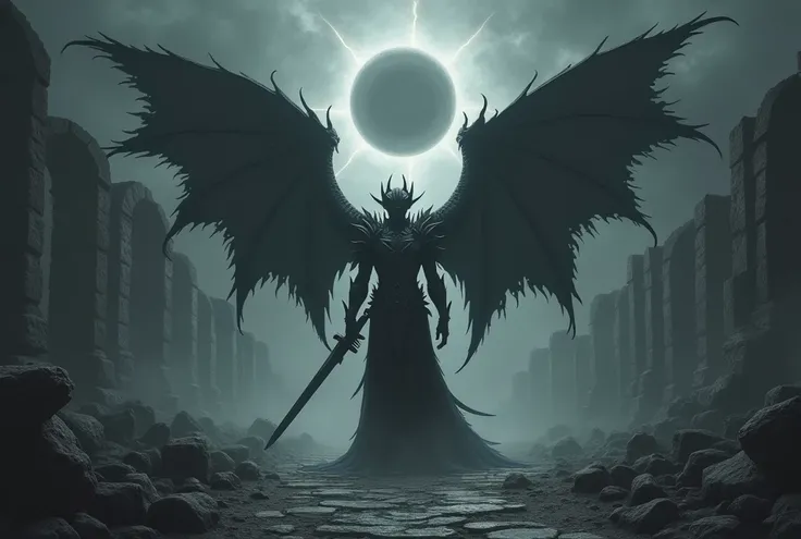 “A dark place with ancient ruins.” “You look up and see a black sun with external reflections similar to those of the moon.” “You are on a path of infinite darkness.” “The end, you see an old and ancient door.” “Na porta, you see an angelic being with wing...