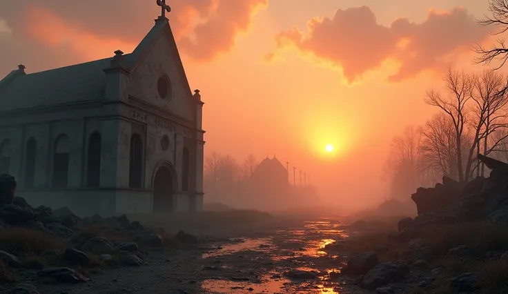 a beautiful green picturesque dreamscape of an old ruined church situated in a destroyed city block, seen from far, parallel to the horizon when the sun is coming up, although the foreground is dark and smoky, aftereffects of the great War, golden hour, so...