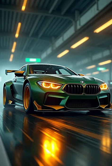 headlights burning in flamesthe wheels are goldenarmored fighting vehicle and body kit black piano and black line color dark green and golden back fon fast race bmw f90 m5 competition sports