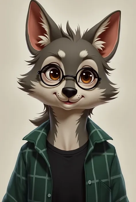 Little gray wolf, with brown eyes and medium brown hair, with round lenses, green plaid shirt with a black t-shirt, smiling, sensual