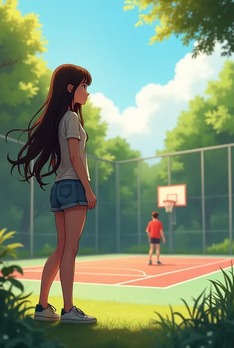 Girl watching her boyfriend play on the court  