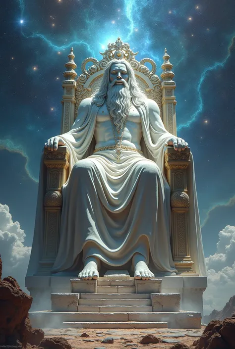 Giant statue sitting on a throne in the universe.