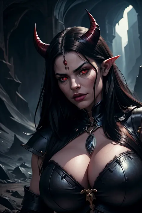 1girl, dark fantasy demon queen, long black hair, straight hair, horns on forehead, red eyes, pointy ears, thin lips, round face, medieval warrior outfit, huge breasts, cleavage, wide hips, chained, demon tail, cave setting, dark lighting, moody atmosphere...