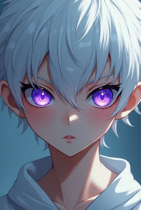 Boy with violet eyes like a wild animal and white anime hair