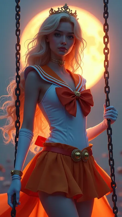 masterpiece, best quality, highres, sv1, sailor senshi uniform, orange skirt, elbow gloves, tiara, pleated skirt, miniskirt, red bow, orange choker, white gloves, jewelry, city, night, moon, cowboy shot, standing, atrapada con cadenas alrededor del cuerpo,...