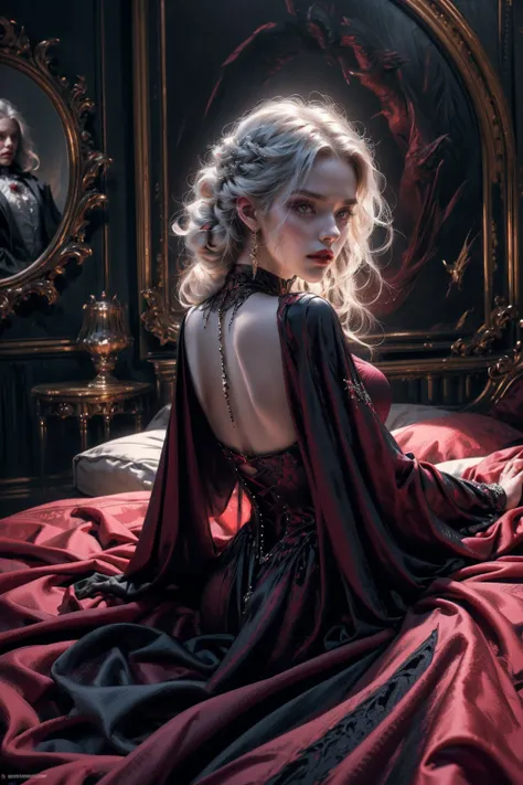 (beautiful vampire woman, pale skin, very long white hair, red golden eyes, black gown, black victorian dress, piercing look, red lipstick, laying on the bed, backwards, looking back, 4k, 8k, highres, masterpiece:1.2, ultra-detailed, realistic, photorealis...