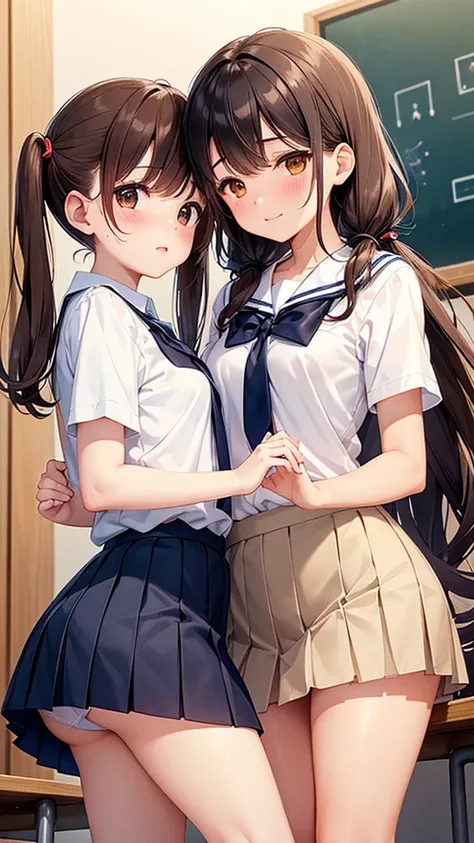 Two high school girls hugging each other in a classroom. One Girl(Close your eyes,Cute smile,Brown Hair,(Twin tails),Mole under the eye,Small breasts,Petite,Wearing a white button-down short-sleeve shirt,Pleated mini skirt,Navy blue socks,Lace panties),BRE...