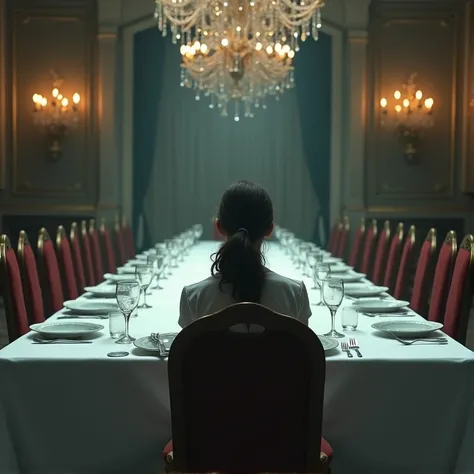 a woman dining at a large table, with only two seats and one of them empty, I want the image to represent the girl&#39;s loneliness and longing..