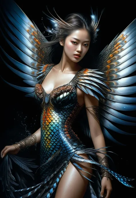 Ultra realistic digital painting of a beautiful woman with The disintegrating fins of the mackerel resemble wings emerging from a dark background, dramatic lighting and vibrant colors, intricate pattern of the mackerel skin and the intricate designs on the...