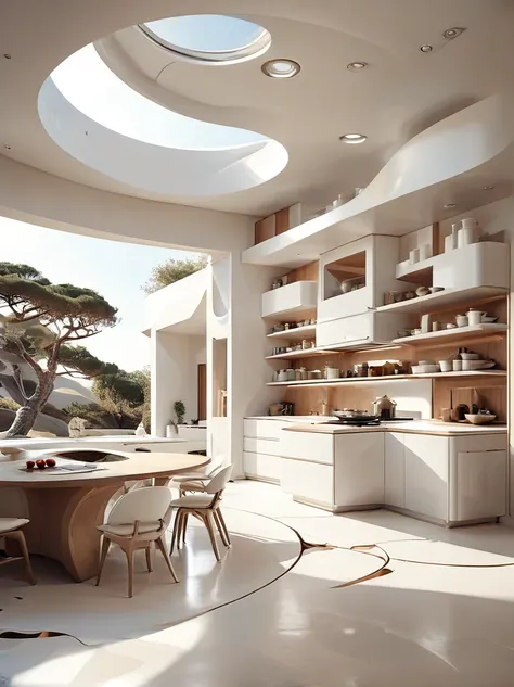 kitchen study concept for a futuristic home incorporates organic fluidity、circles and geometric shapes，and use artistic imaginat...