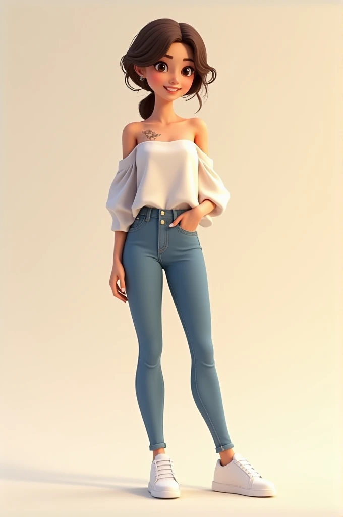 Cute 3d drawing, Thin woman, Average height, off-the-shoulder dress blouse, tattoo on shoulder, jeans, White sneakers.