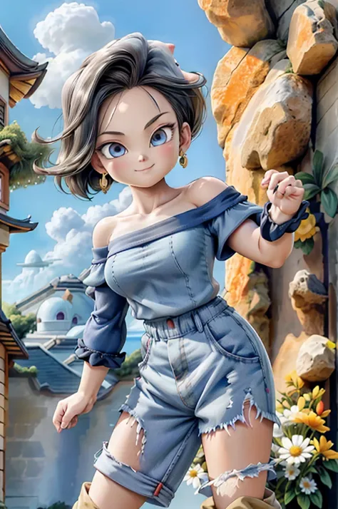 masterpiece， The best quality at its best， Super detailed， Absurd， Portrait Beautiful Android 18 DB， alone， 耳Nipple Ring， gem， (Off-the-shoulder outfit:1.5)，Cleavage， Upper body close-up，smile， String， Best， cloud， Sky Sky， Daisy， Exterior，Denim Super Shor...