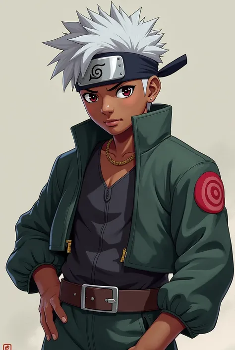 Naruto  naruto shippued  clothing,  dark-skinned male,  young, dark skin boy,   show full body,  digital  art, trending on artstation,  perfect eye,  silver hair,  naruto  uniform,  