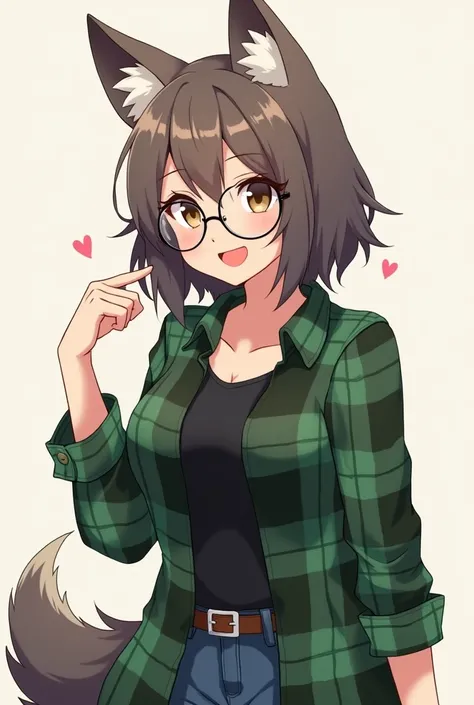 Little gray wolf, with brown eyes and medium brown hair, with round lenses, green plaid shirt with a black t-shirt, smiling, Sensual anime style big tits