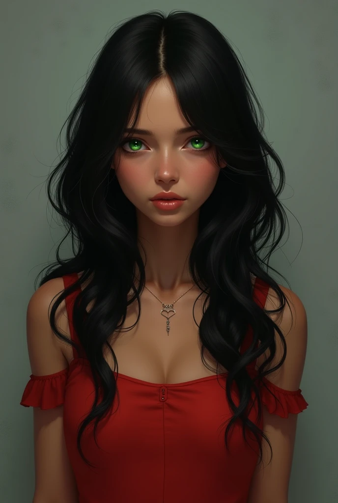 Girl who has ebony black hair, slightly wavy and long. The eyes are emerald green and the complexion is olive. She has a round face and is dressed in a simple red dress. The background is gray.