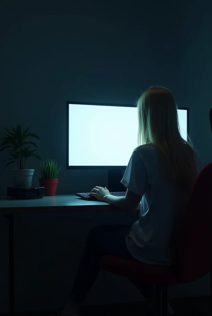 There is a recent monitor and computer on the desk, and in front of it is a blonde Asian girl in her early 20s
On the monitor, there is a white screen
Its a dark room
horizontally and horizontally
The direction where you cant see your face