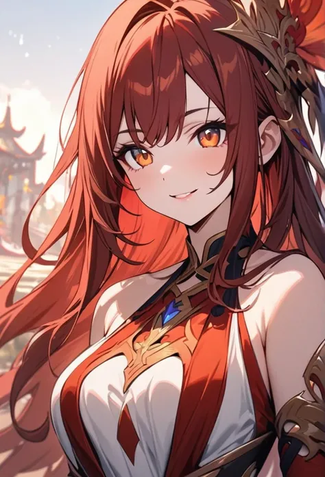 Solo, 1girl, dark red hair, orange eyes, (((high quality))), masterpiece, detailed face, fantasy design, fantasy clothes, Smile, fantasy beautiful clothes, long hair