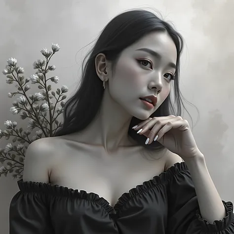 Gentle and beautiful woman, Half body photo, Delicate and sexy clavicle., Charming oval face, double eyelids, Smart peach blossom eyes, pink lips, small nose, bare shoulders, Focused face, Closeup of face, ultra high definition, super details, elegant stan...