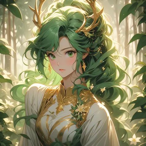 Artemis as a young woman, 25-30, in white chiton dress, wearing deer antlers, holding a golden bow, on a forest background, in high detail 2.5d anime style, green hair with white flowers
