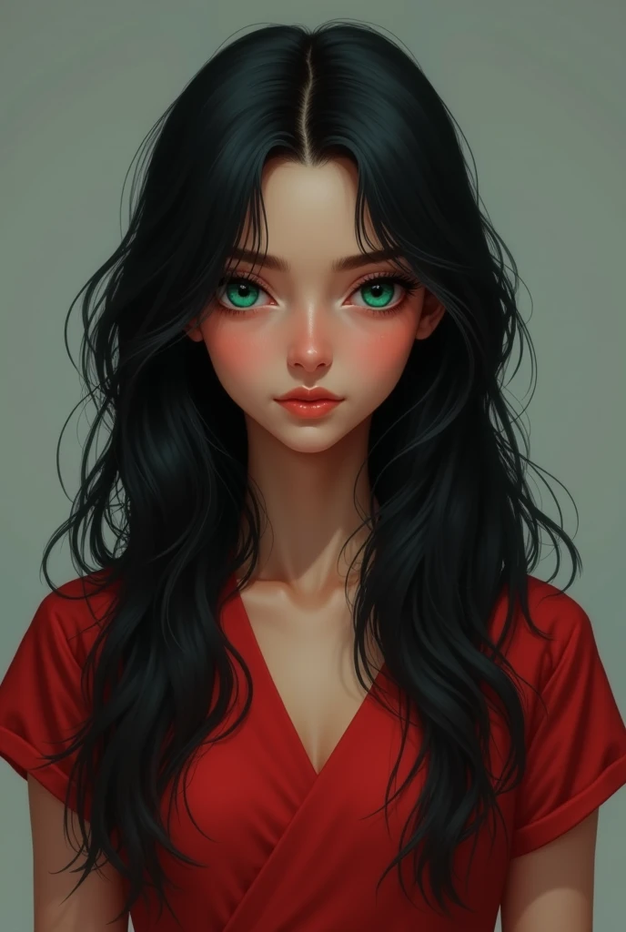 Girl who has ebony black hair, slightly wavy and long. The eyes are emerald green and the complexion is olive. She has a round face and is dressed in a simple red dress. The background is gray.