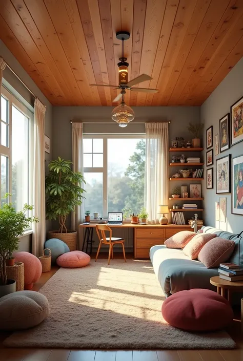 Teenager&#39;s room without bed with wooden ceiling 
