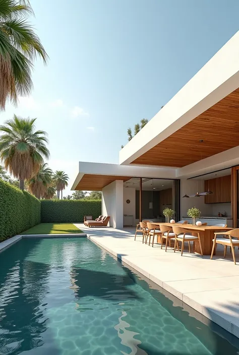  
modern architectural design, gourmet area , swimpool,0 house background , white color  ,wood accents, warm artificial lighting ,large glass windows, Well-kept lawn, well trimmed bushes, palmtrees, , Sunnyday, shadows cast to the right, Contemporary feel,...