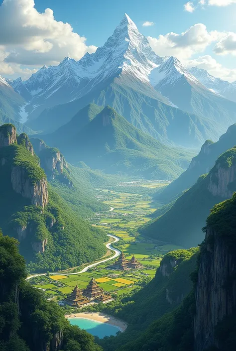 A country attached to Vietnam, divided into four parts, one agricultural part, another part a modern city, other coastal areas, another part a climate with mountains of snow and another part a valley that can be seen from the sky