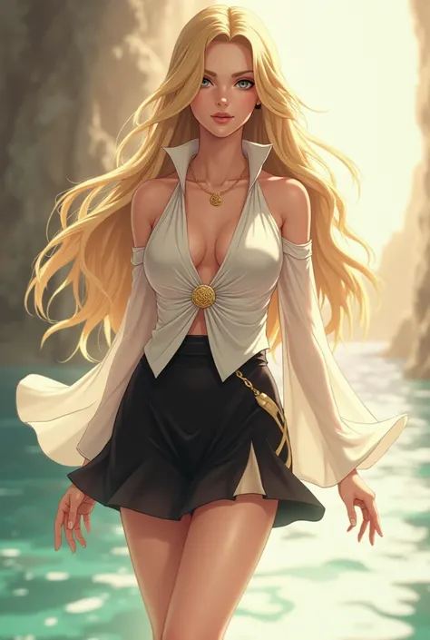 Pretty girl from Naruto Shippuden with perfect body, long wavy blonde hair, white eyes, with a white top with sleeves, a short tight black skirt and gold heels