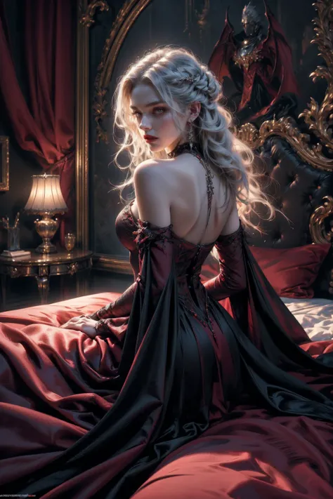 (beautiful vampire woman, pale skin, very long white hair, red  eyes, black gown, black victorian dress, piercing look, red lipstick, laying on the bed, backwards, looking back, 4k, 8k, highres, masterpiece:1.2, ultra-detailed, realistic, photorealistic:1....