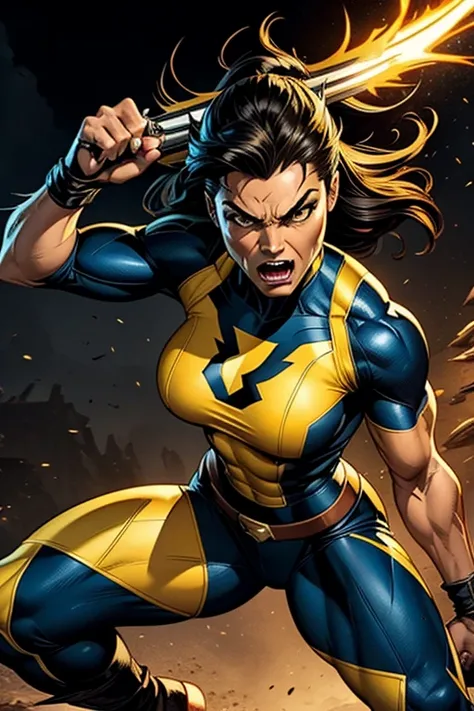 a fierce and wild female Wolverine with two adamantium claws on each fist, claws the size of forearms, wearing Wolverines yellow and black uniform, large breasts and wide hips, Marvel comics character