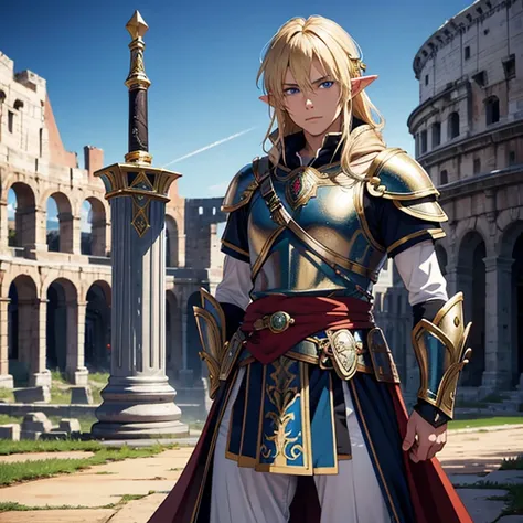 4K, high resolution, elf, segmented armor, Roman soldier, blond hair, wizard staff, coliseum in the background.