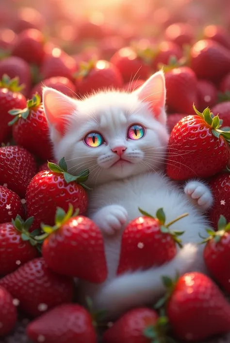 Buried in delicious strawberries、Smiling cute white cat、The eyes are a pale rainbow color　Magical beauty　Sparkling