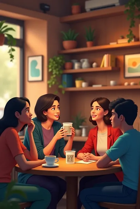 Animated image depicting personal development policies with a background decorated in a café-bar