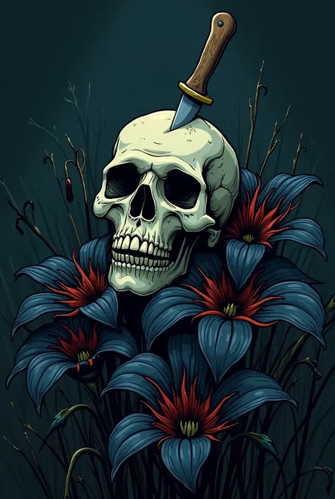 Make a skull on the edge of it, some black flowers with drops of blood on top, a knife stuck in the skull in a very Dark setting. (in the style of dark asteric cartoon