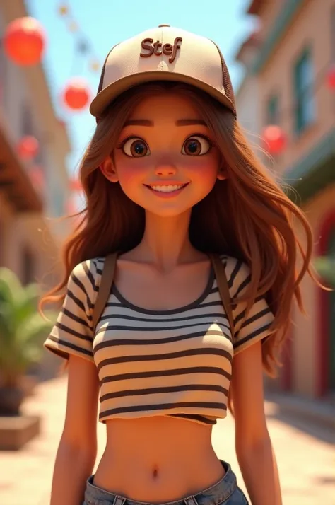 woman with brown hair, wearing a cap that says Stef, wearing a striped crop top, disney pixar style drawing, 3d, realisitic, Disney Pixar cartoon