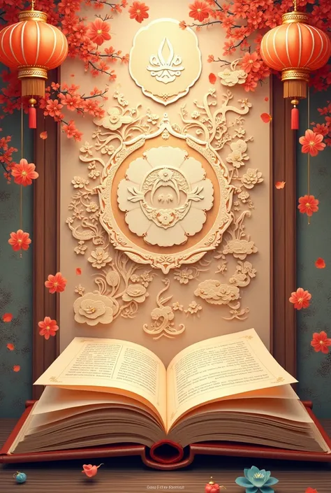 Please create a poster according to the following requirements：
content：Old Books Page，Volume opening effect：Chinese intangible cultural heritage，Paper-cut art。
size：Width 60cm，Height 90cm，Resolution 300dpi or above