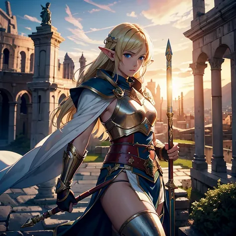 4K, high resolution, elf, segmented armor, Roman soldier, blond hair, wizard staff, coliseum in the background.