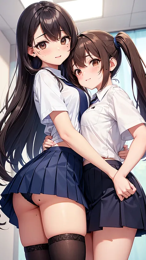 Two high school girls hugging each other in a classroom. One Girl(Close your eyes,Cute smile,Brown Hair,(Twin tails),(Mole under the eye:1.5),Small breasts,Petite,Wearing a white button-down short-sleeve shirt,Navy blue pleated mini skirt,Navy blue socks,L...