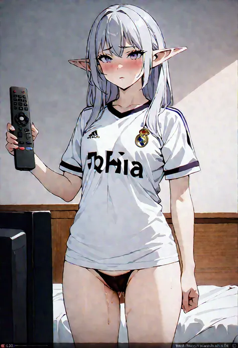 (best quality, Artwork),sexually,  erotic, 18+, NSFW, 1 girl, 1 , dressed in the Real Madrid shirt, elf ear , 4k image quality , standing, straight posture, holding the tv remote