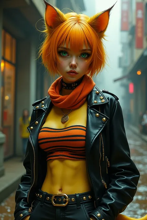 A young woman has a feline appearance, yellow skin and piercing in her yellow cat ears, orange hair has black stripes in her hair, it is short, green eyes with a slit, she has an orange spot on her right eye and brown cat whiskers, she wears a dark orange ...