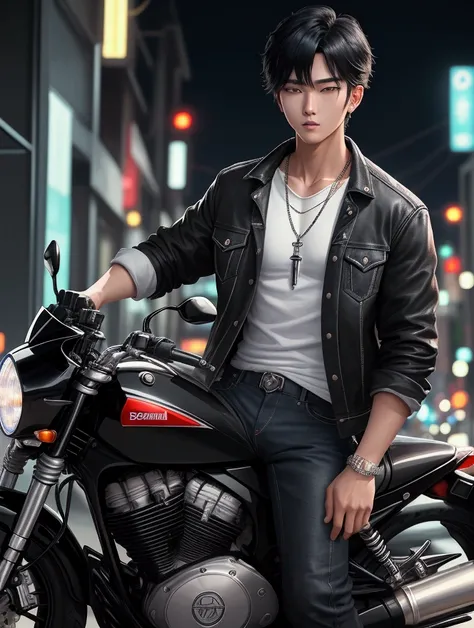 Handsome boy, 1, high school boy, black hair Korean style (coma hair), wearing a black Levis jacket, and a white shirt underneath, wearing a chain necklace, riding a black CBR motorbike. Eyes fixed on the camera. Background of the city at night.