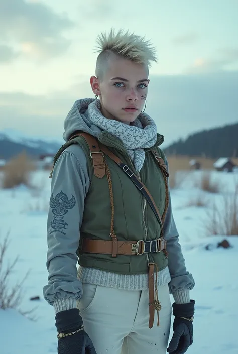 Masterpiece, full body shot of a beautiful Norwegian teenage girl in a post-apocalyptic frozen wilderness, punk blonde short hi-top hair shaved on sides, blue-grey eyes, very pale skin, high detailed skin, runners slim body, tense face, dramatic face, toug...