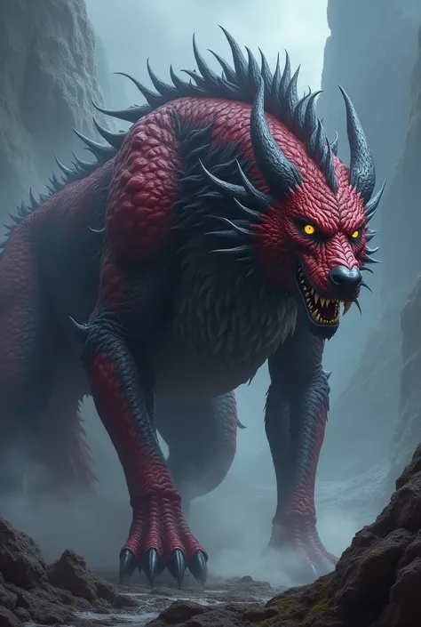 Dark red black and dark blue and dark grey dragon wolf hybrid