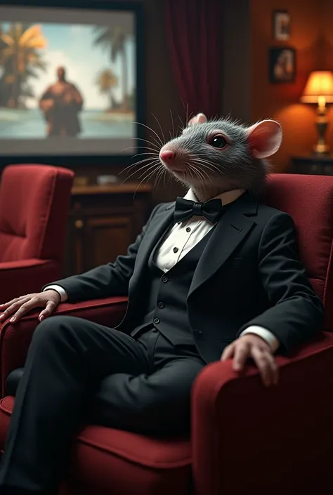 REALISTIC PHOTO OF A RATMAN DRESSED IN A TUXEDO ENJOYING A GOOD MOVIE